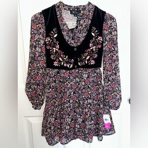 BCX Floral Long Sleeve Dress with Black Embroidered Vest Girls Sz 10 NWt